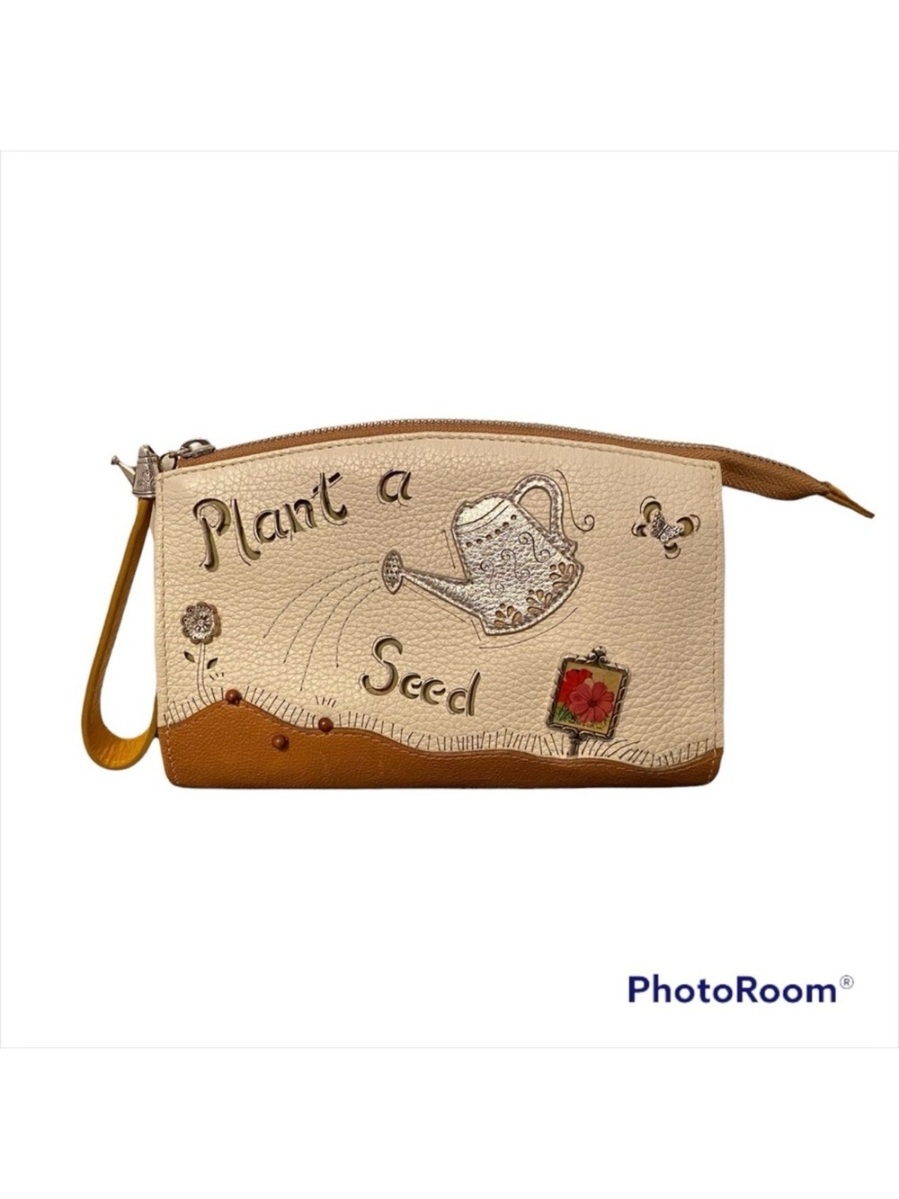 BRIGHTON WRISTLET BAG PLANT A SEED WATCH IT GROW WHITE TAN EMBELLISHED LEATHER
